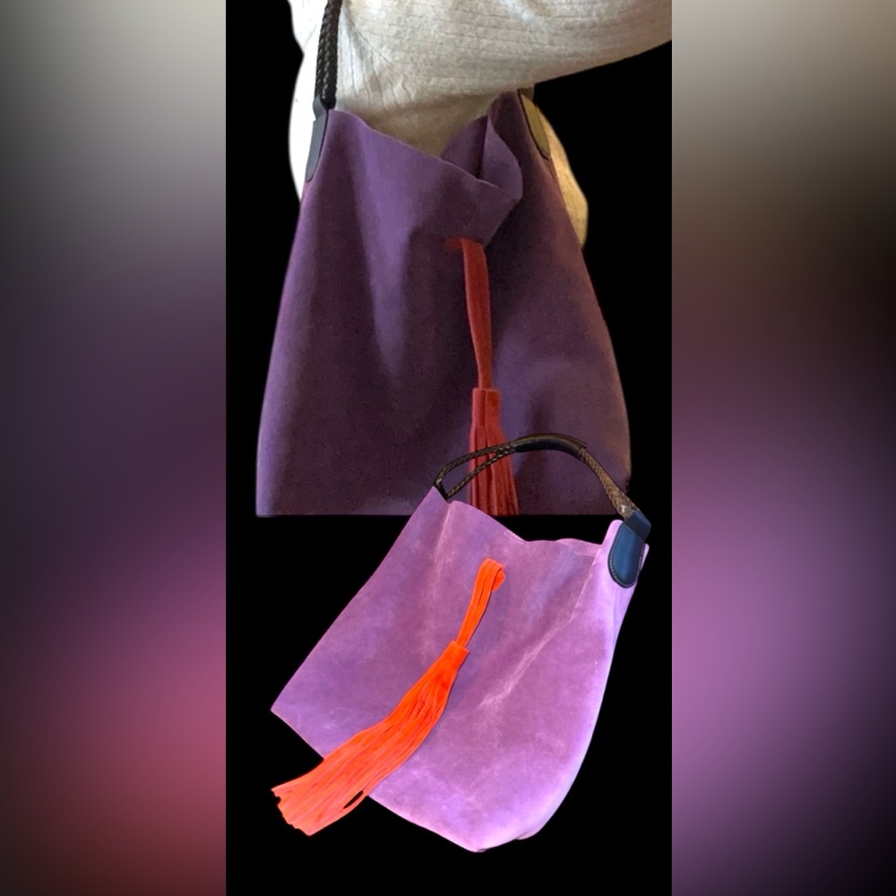 Uno Alla Volta Florentine Suede Leather Purple/orange tassel Bucket Bag - Picture 5 of 13